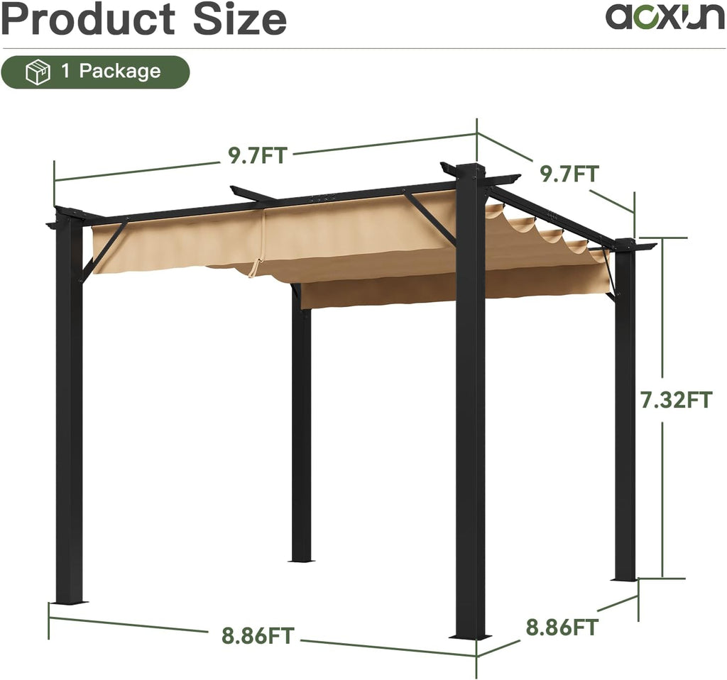 Aoxun 10'x12' Outdoor Retractable Pergola, Patio Pergola with Upgraded Retractable Canopy, Heavy Duty Metal Pergolas and Gazebos with Adjustable Sun Shade Cover for Modern Backyard, Deck, Garden