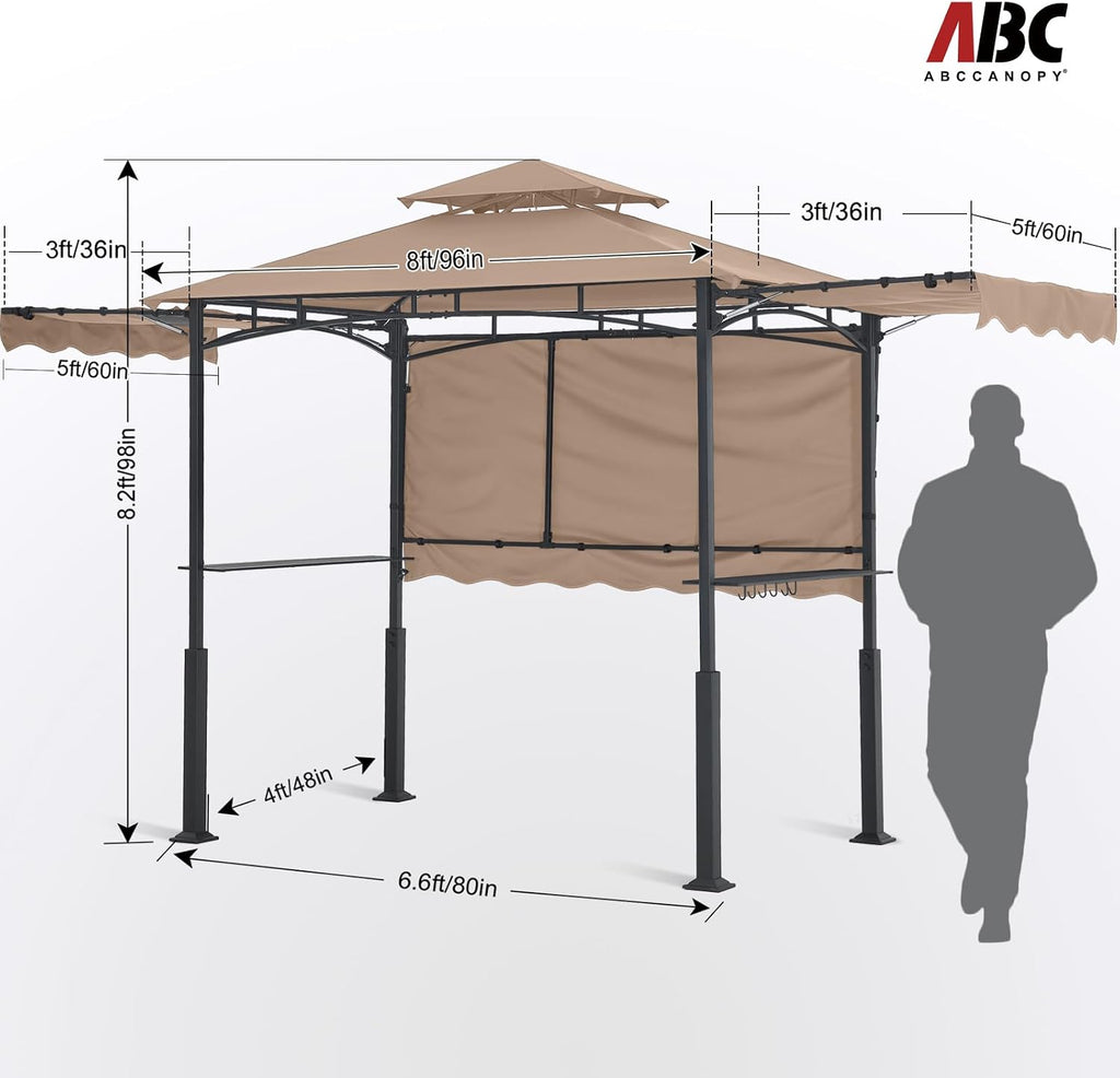 ABCCANOPY Grill Gazebo with 3 Side Awnings - 14x5 Outdoor BBQ Canopy Shelter with 2 Led Lights for Patio Backyard Grilling (Khaki)
