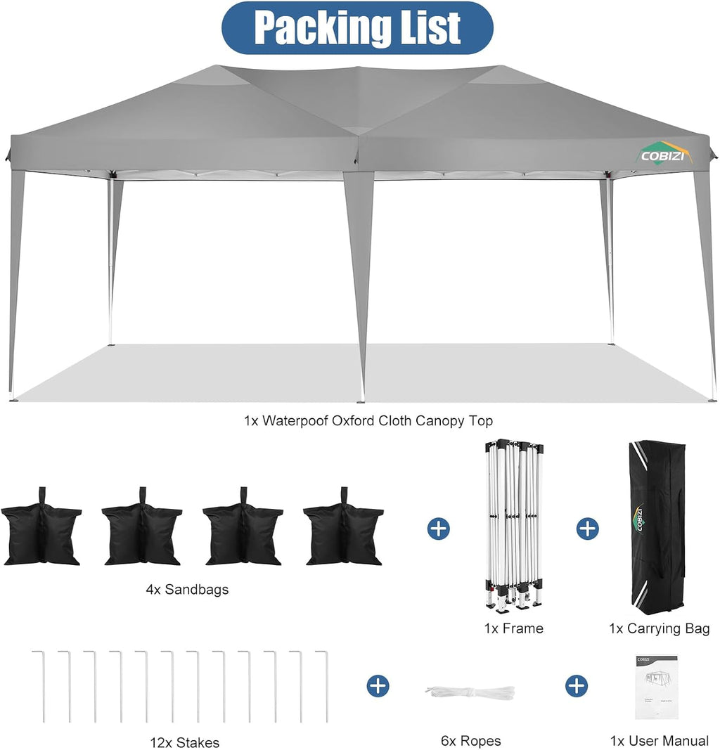 COBIZI 10x20 Pop Up Canopy Tent Without Sidewall Party Tents for Parties Weddings Backyard Waterproof Commercial Instant Outdoor Events Tent with Stakes, Ropes（10 x 20 ft Gray