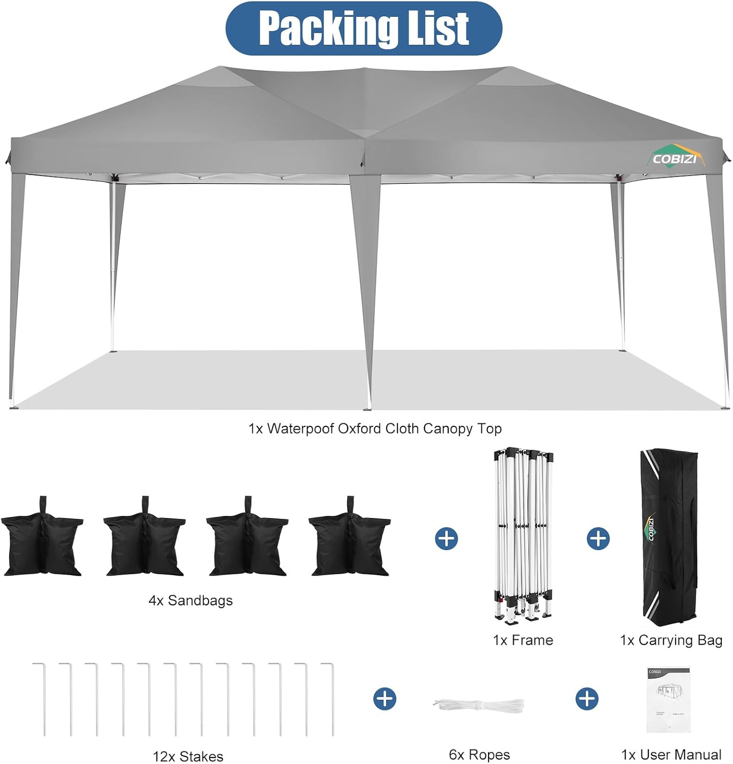 COBIZI 10x20 Pop Up Canopy Tent Without Sidewall Party Tents for Parties Weddings Backyard Waterproof Commercial Instant Outdoor Events Tent with Stakes, Ropes（10 x 20 ft Gray