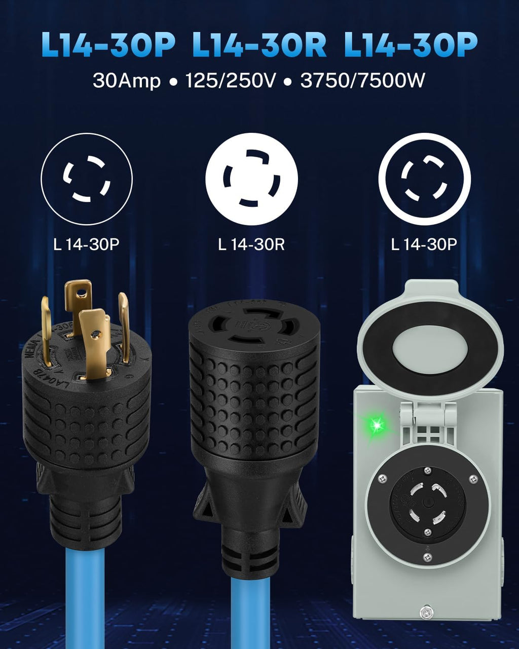 COOLTOP 30 Amp Generator Cord and Power Inlet Box Kit, 50FT 4 Prong Generator Extension Cord 10 Gauge Cable 125/250V NEMA L14‑30P to L14‑30R Pre-Drilled Inlet Box Emergency Power Kit, ETL Listed