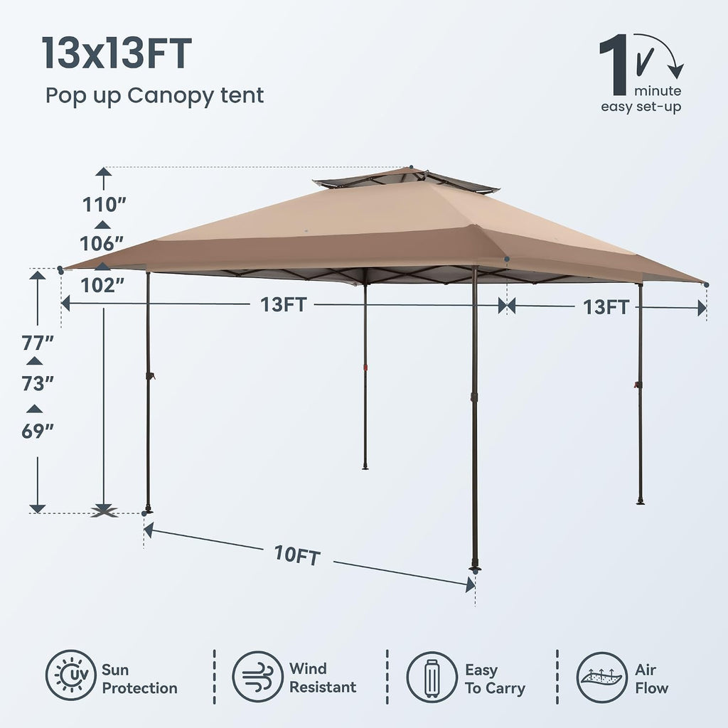 PHI VILLA 13x13 Pop up Canopy Tent Instant Outdoor Easy One Push Tent with Wheeled Carry Bag, Straight Legs 169 Square Feet of Shade, Brown, Steel Frame, 150D Oxford Cloth