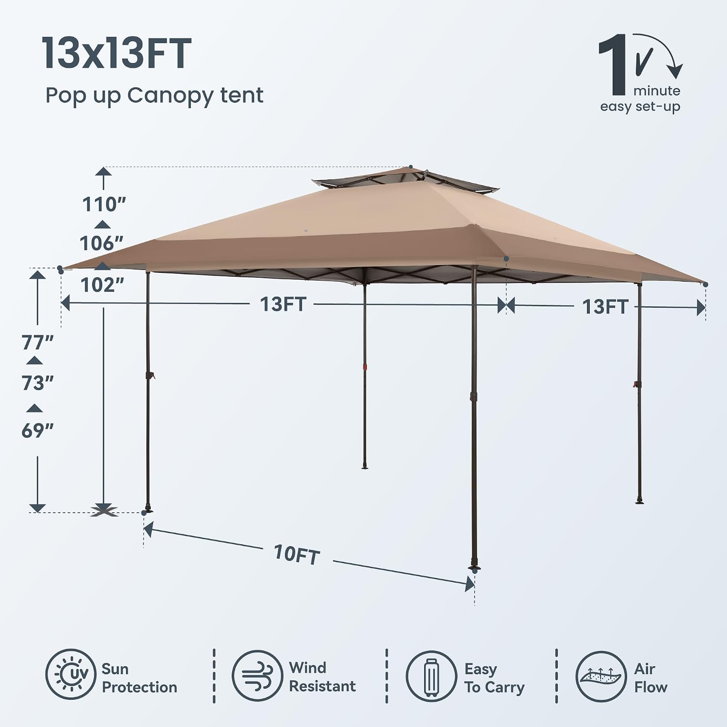 PHI VILLA 13x13 Pop up Canopy Tent Instant Outdoor Easy One Push Tent with Wheeled Carry Bag, Straight Legs 169 Square Feet of Shade, Brown, Steel Frame, 150D Oxford Cloth