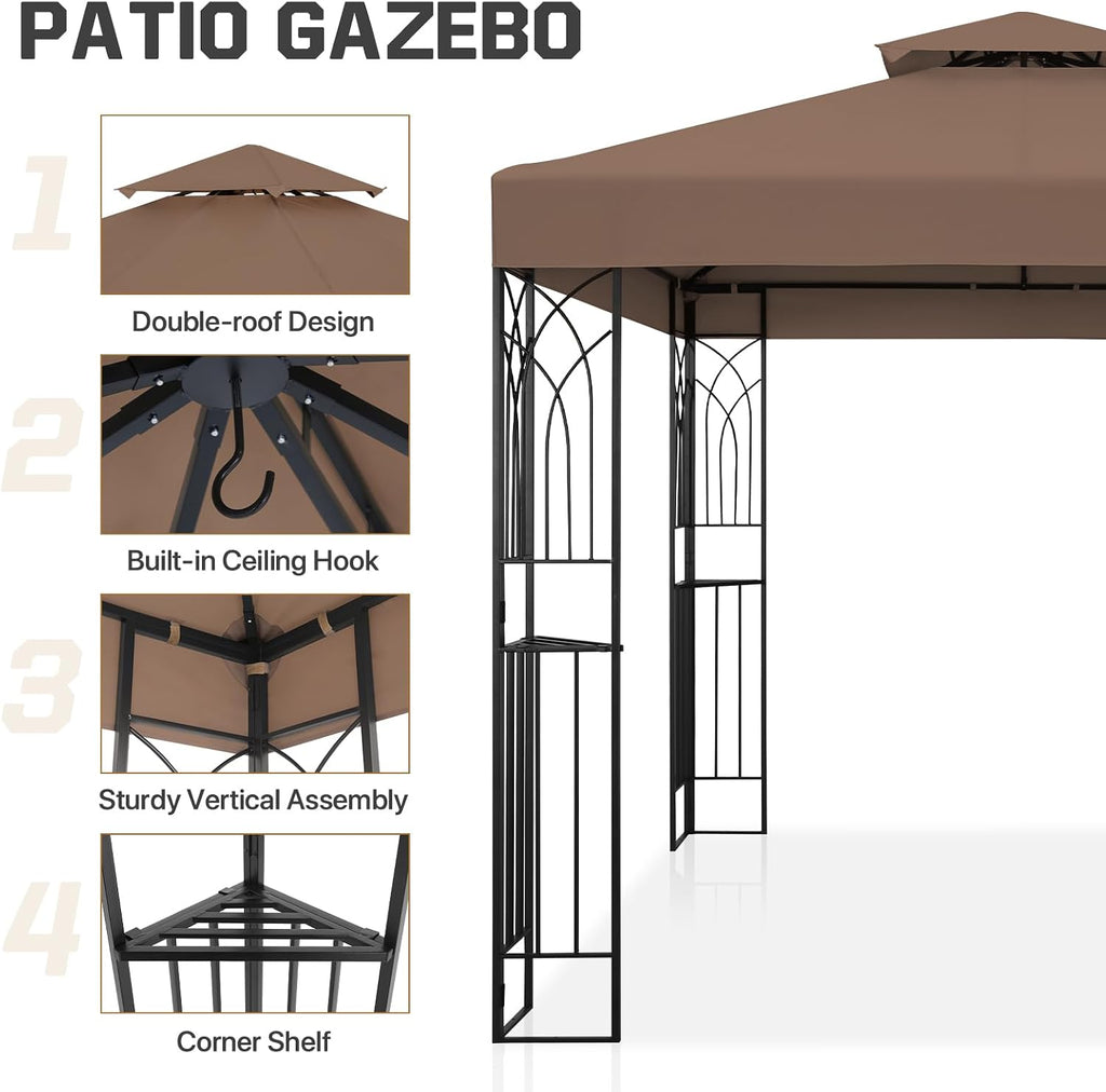 COOS BAY 8x8 Patio Gazebo with Corner Shelves, Two Tier Soft Top Canopy with UV Protection for Backyard, Garden, Lawn, Outdoor Events, Brown