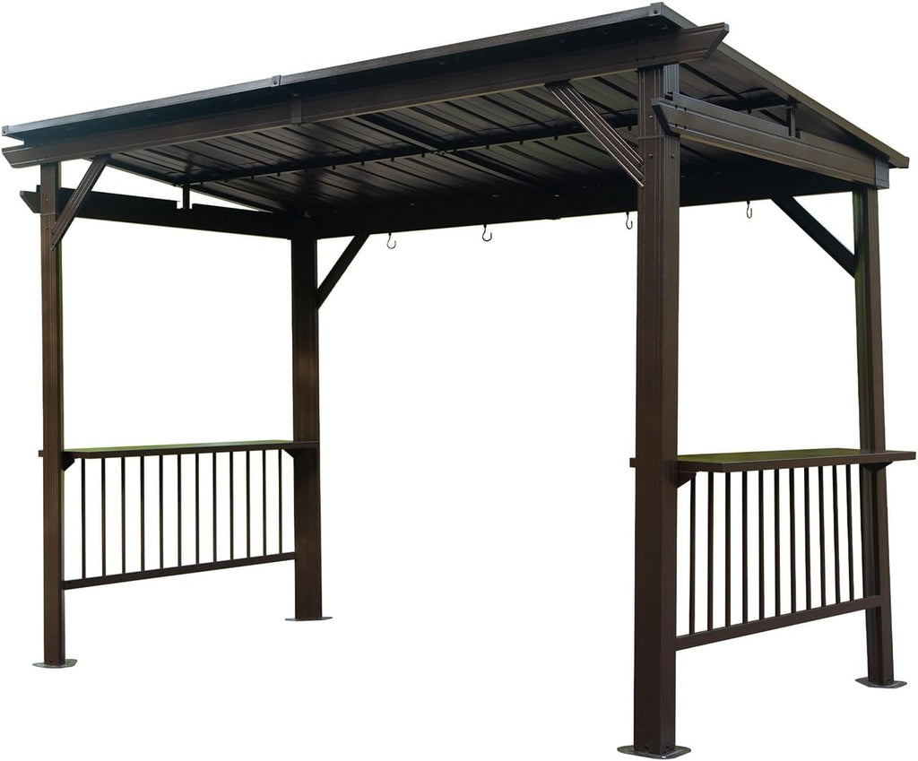 Hardtop Grill Gazebo, 2 Side Shelves & Ceiling Hooks, Permanent Outdoor BBQ Canopy with Galvanized Steel Roof, Metal All-Steel Frame for Patio, Backyard, Deck, Lawn, (Brown, 6.5x12FT Sloping Roof)