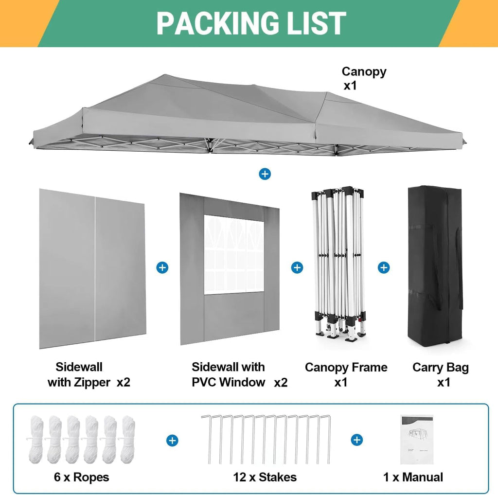 COBIZI 10x20 Pop Up Canopy Tent with 6 Sidewalls Party Tents for Parties Weddings Backyard Waterproof Commercial Instant Outdoor Events Tent with Stakes, Ropes（10 x 20 ft Gray