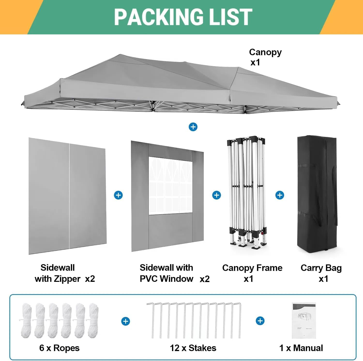 COBIZI 10x20 Pop Up Canopy Tent with 6 Sidewalls Party Tents for Parties Weddings Backyard Waterproof Commercial Instant Outdoor Events Tent with Stakes, Ropes（10 x 20 ft Gray