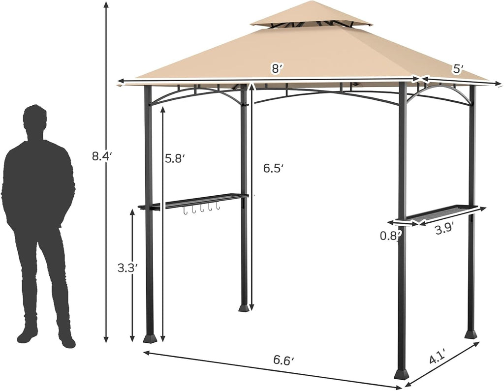 Tangkula 8x5 Ft Grill Gazebo, Double Tiered Outdoor BBQ Gazebo with 2 Side Shelves, 5 Hooks, Bottle Opener, Barbecue Grill Gazebo Shelter for Patio, Garden, Beach, Backyard (Khaki)