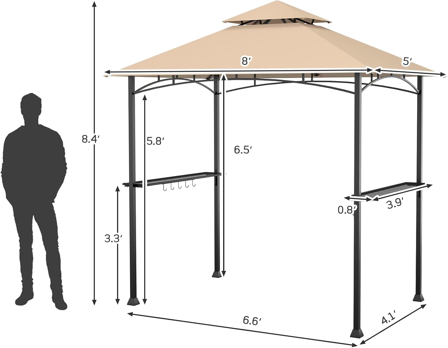 Tangkula 8x5 Ft Grill Gazebo, Double Tiered Outdoor BBQ Gazebo with 2 Side Shelves, 5 Hooks, Bottle Opener, Barbecue Grill Gazebo Shelter for Patio, Garden, Beach, Backyard (Khaki)