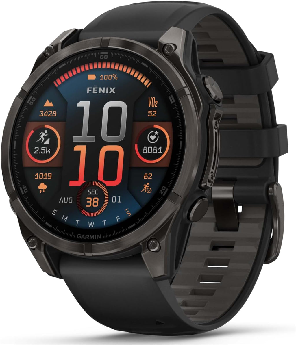 Garmin Fenix 8 – 47 mm, AMOLED Sapphire Multisport GPS Smartwatch,Carbon Gray DLC Titanium with Black/Pebble Gray Silicone, Built-in LED Flashlight Black Earbuds Bundle