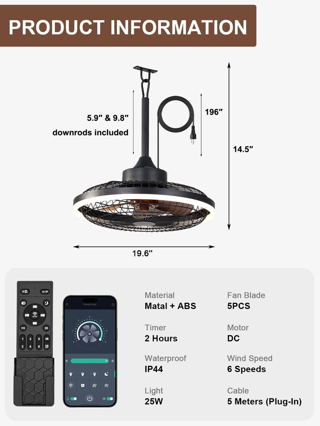 Bella Depot 20' Outdoor Ceiling Fan Black Waterproof Gazebo Fan with Dimmable Light Smart App Remote Control Hanging Fan for Outside Patios Pergola Tent Plug-in Design (20'- Minimalist Black)