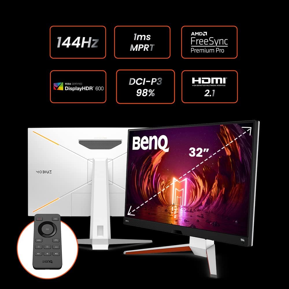 BenQ MOBIUZ Gaming Monitor 32' 4K UHD 144Hz EX3210U 1ms w/Remote | IPS | HDRi | AdobeRGB | P3 | Freesync Premium Pro | Height, Swivel & Tilt | 2.1 Audio & Subwoofer | Noise-Cancelling Mic | HDMI 2.1