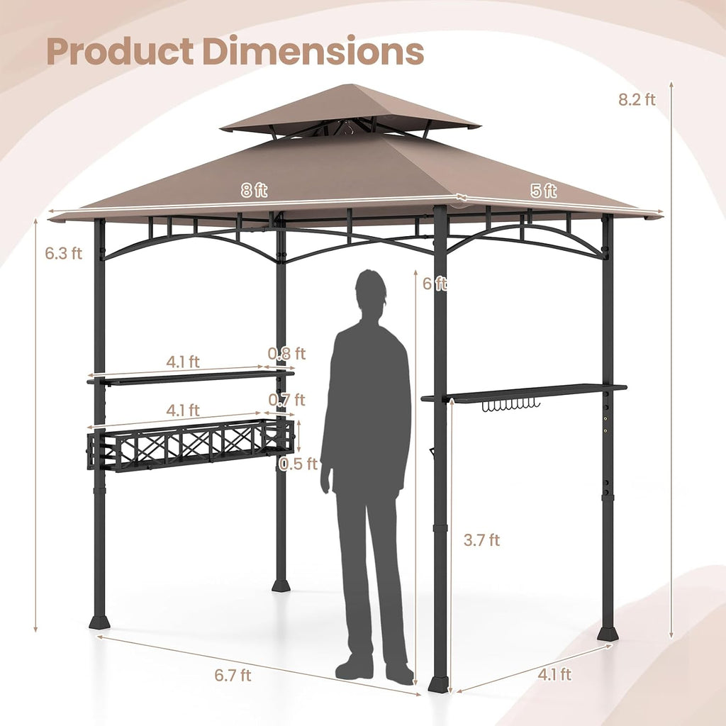 8 x 5 Ft Grill Gazebo Canopy, Double Tiered BBQ Gazebo for Outdoor Grill with 2 Side Shelf, Storage Basket, Ceiling Hook, Barbecue Bar Canopy Tent for Backyard Garden Patio Poolside (Coffee)