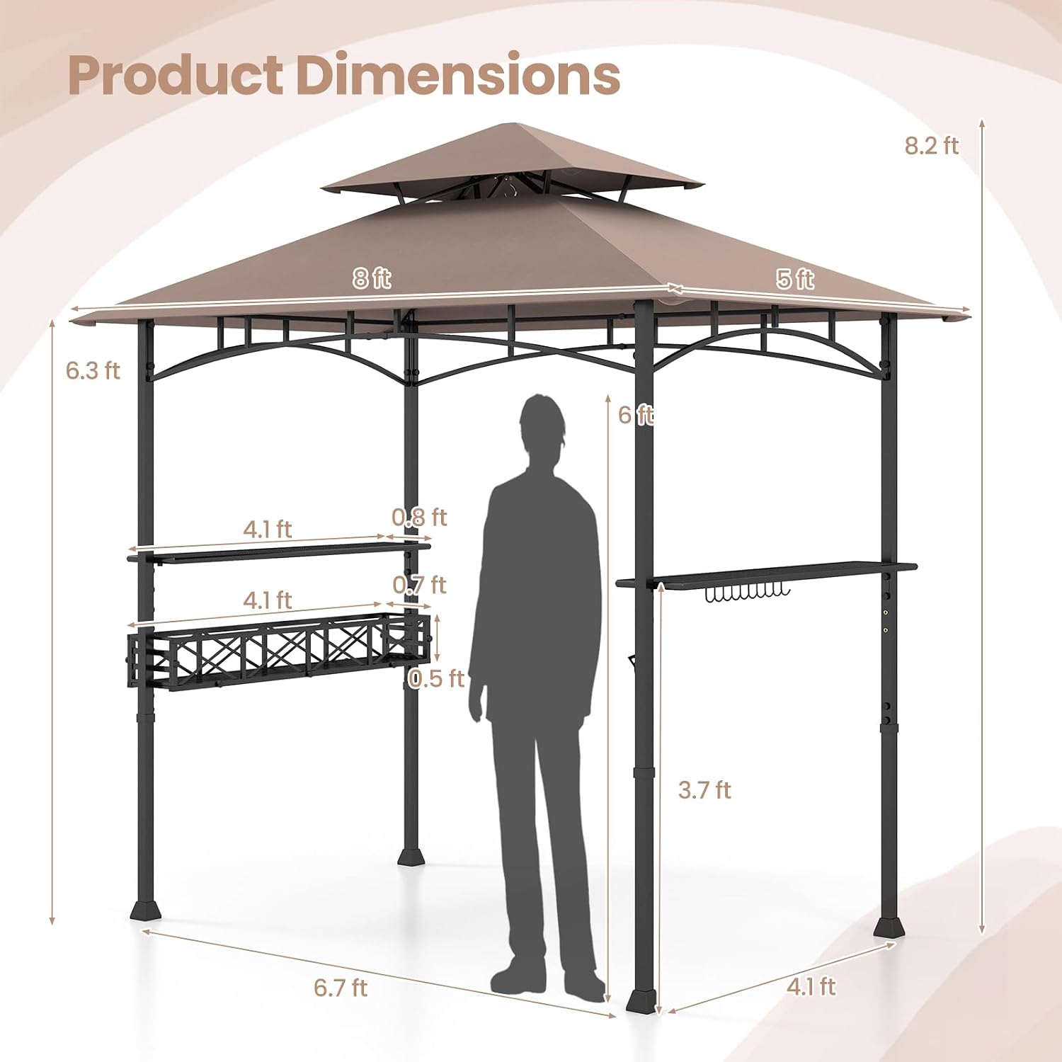 8 x 5 Ft Grill Gazebo Canopy, Double Tiered BBQ Gazebo for Outdoor Grill with 2 Side Shelf, Storage Basket, Ceiling Hook, Barbecue Bar Canopy Tent for Backyard Garden Patio Poolside (Coffee)