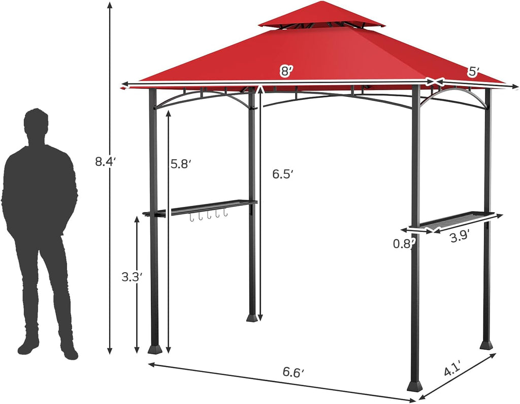 Tangkula 8x5 Ft Grill Gazebo, Double Tiered Outdoor Barbecue Grill with 2 Side Shelves, 5 Hooks, Bottle Opener for Patio, Garden, Beach, Backyard (Wine)