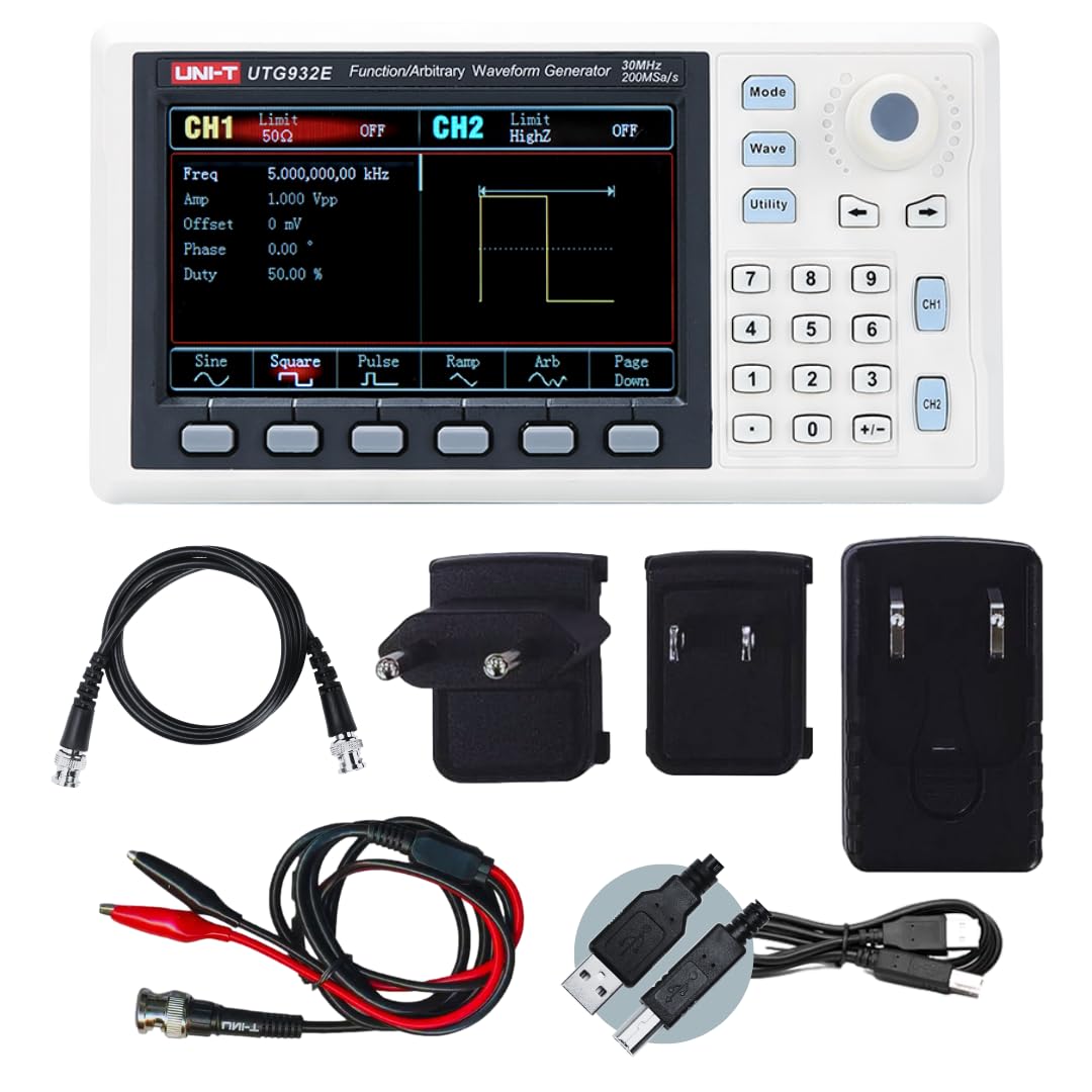 UNI-T UTG932E Function Generator Arbitrary Waveform 60 MHz Dual-Channel 200MSa/s 14 Bits Frequency Meter with USA Power Adapter USB Cable Power Cord(UTG932E 30 MHz 2ch)