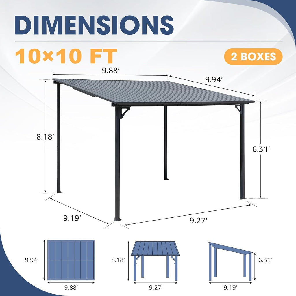 OC Orange-Casual 10x10 FT Patio All-Iron Gazebo,Hard Top Lean to Gazebo Pergola with Roof, Wall Mounted Heavy Duty Awnings, for Outdoor, Backyard, Deck