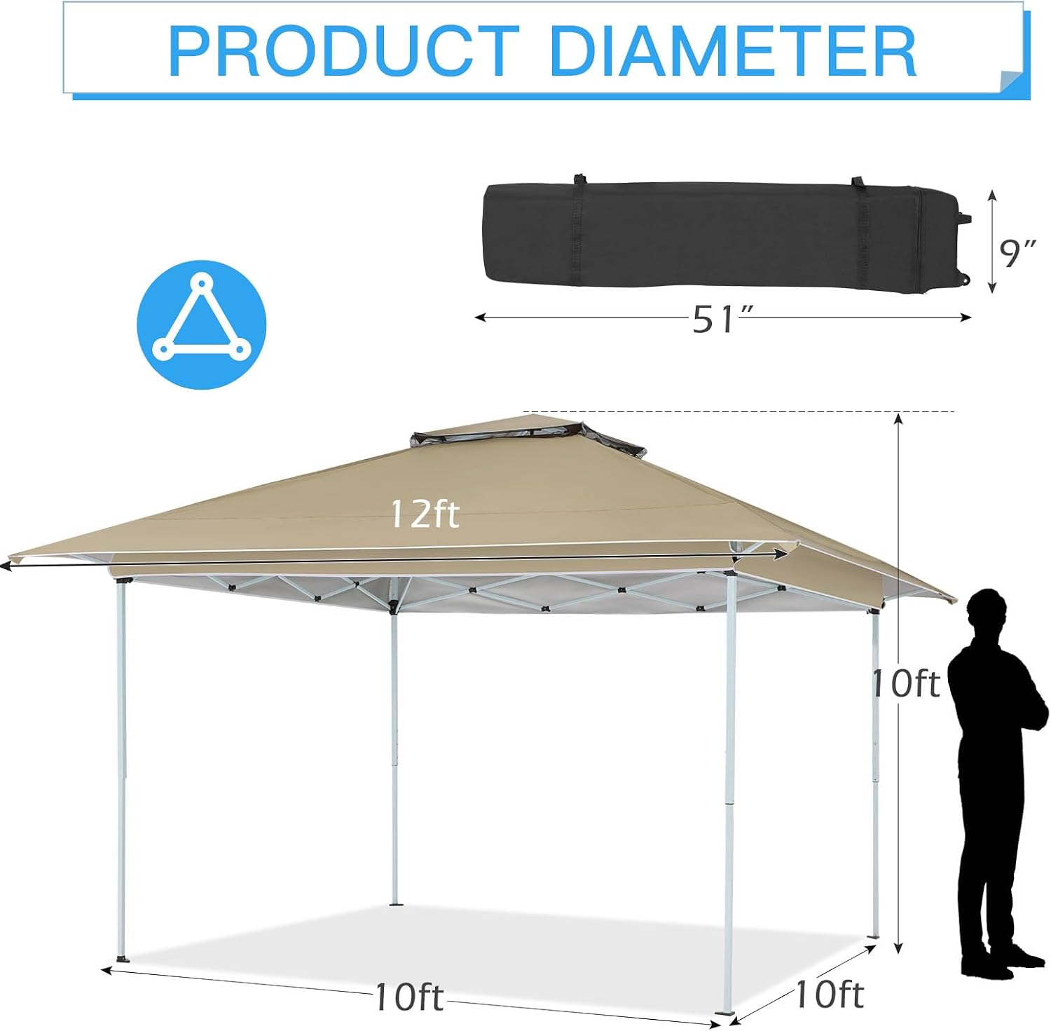 ECOTOUGE 12FT Pop Up Canopy Tent, Instant Shelter Gazebo, Carrying Roller Bag, Waterproof & UV Resistant Party Tent for Patio, Grill and Backyard Furniture, Khaki