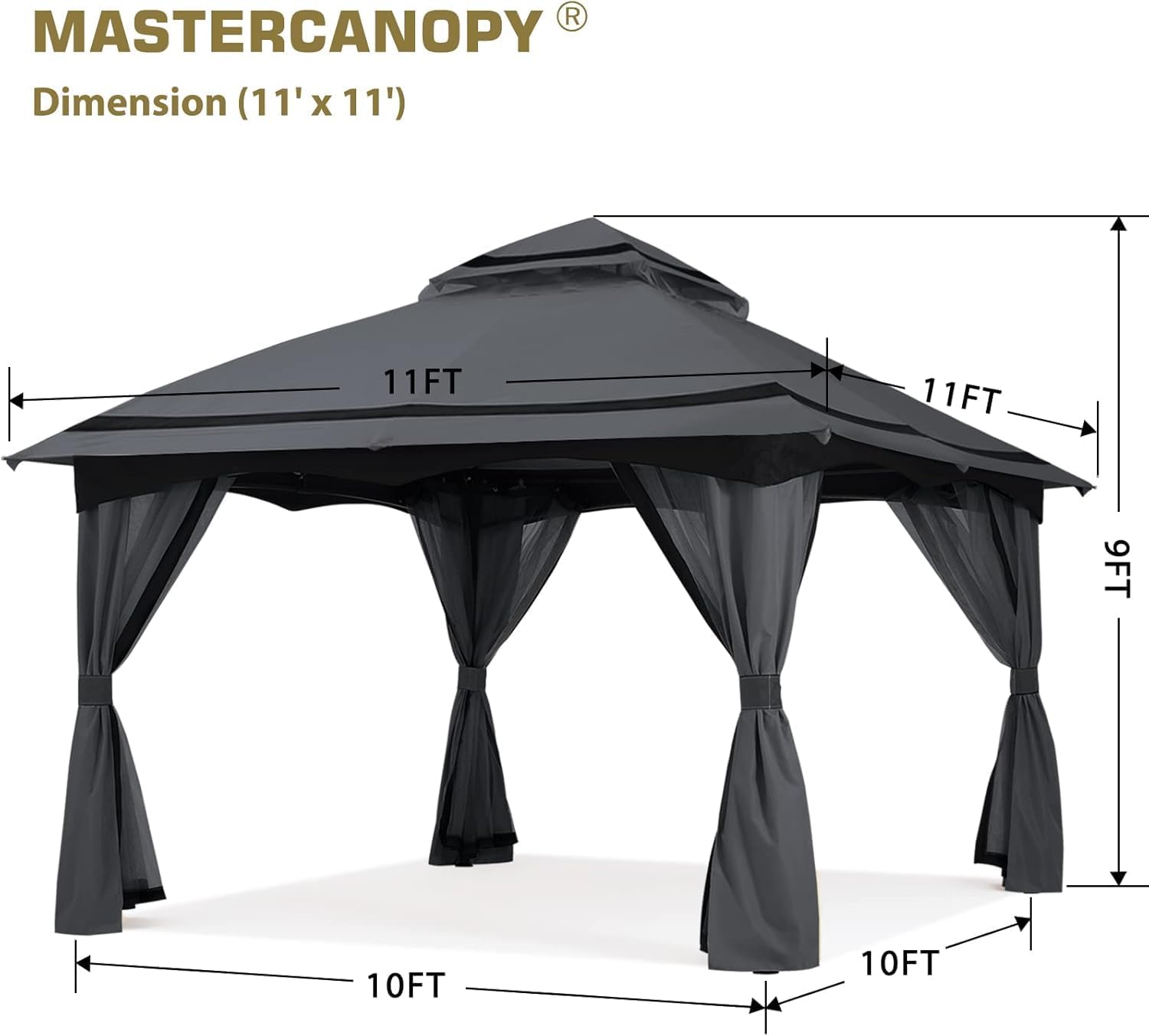 MASTERCANOPY 10x10FT Outdoor Patio Gazebo with Mosquito Netting for Backyard, Patio, Garden Dark Grey