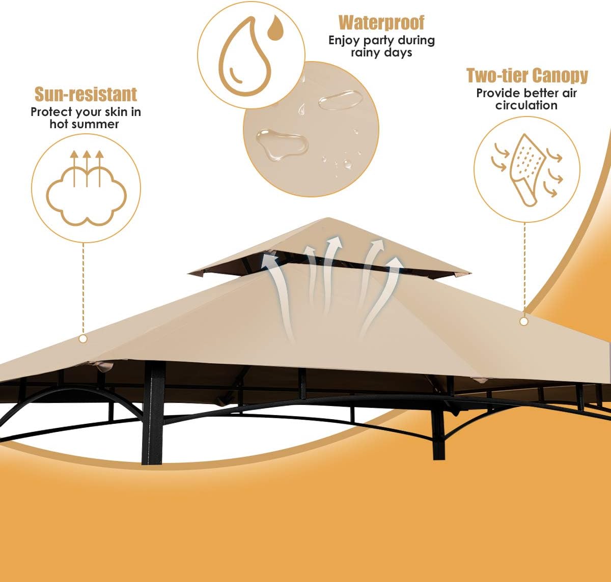 Tangkula 8' x 5' Grill Gazebo, Outdoor Patio Barbecue Gazebo Shelter with LED Lights, 2-Tier Canopy Top Cover Grill Gazebo with Sturdy Steel Frame, Ideal for Gatherings, Parties (Khaki)