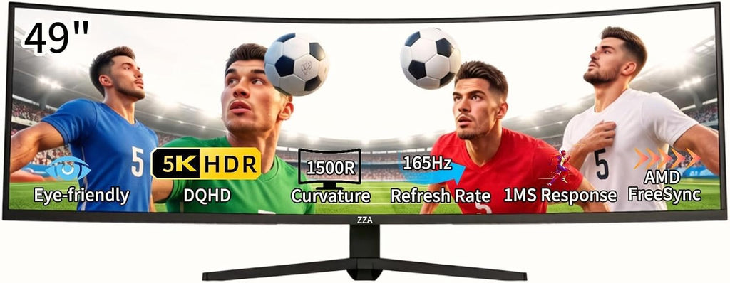 ZZA 49' Curved Gaming Monitor | 5120x1440 Dual QHD, 165Hz/144Hz, 1500R, 32:9 Ultra-Wide, AMD FreeSync, 120% sRGB, Height Adjustable, HDMI 2.1 & DisplayPort 1.4, VESA Mount, Black