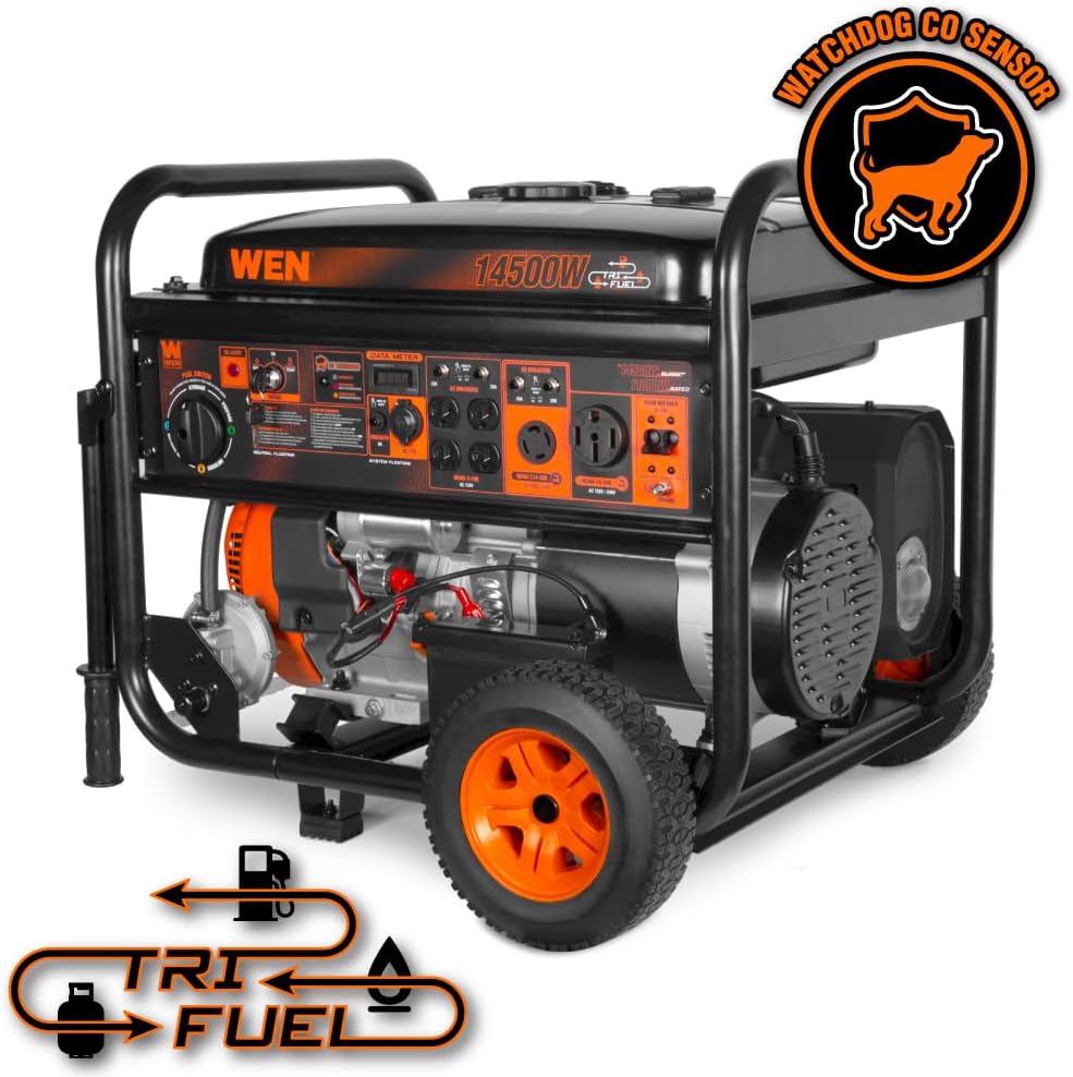 WEN 14,500-Watt 120V/240V Tri-Fuel Generator for Gas, Propane, and Natural Gas, Transfer-Switch Ready with Electric Start, Wheel Kit, and CO Watchdog (TF-1450X), Black & Red