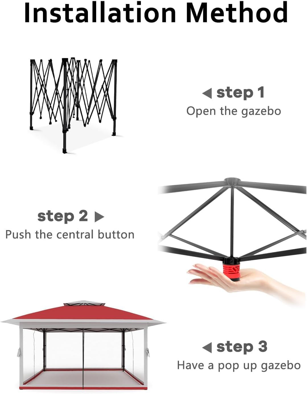 12x12FT Pop Up Gazebo, Instant Backyard Canopy Tent with Mosquito Net & Double Roof, Pop-Up Gazebo Canopies Adjustable Height for Patio, Party, Red