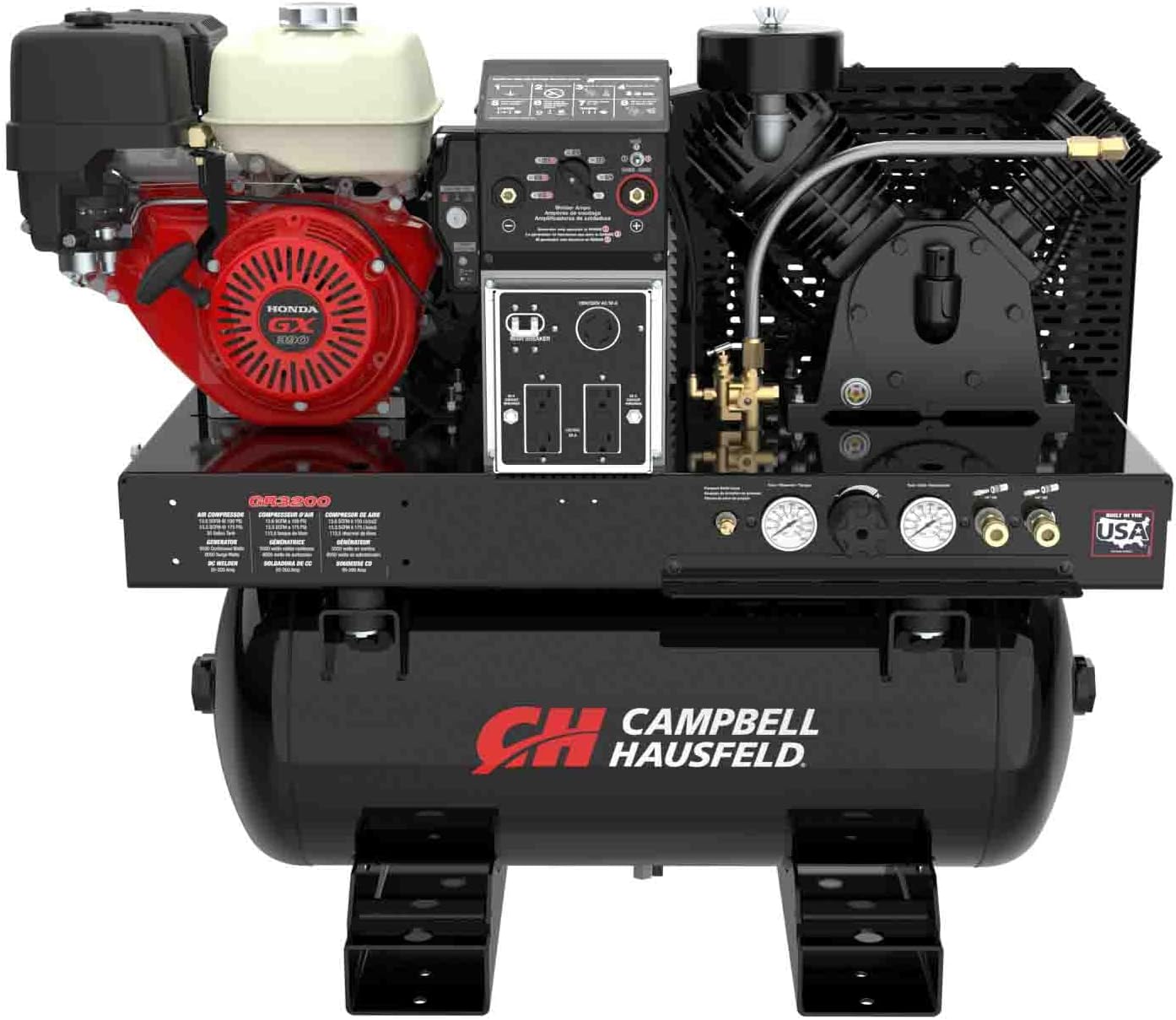 Campbell Hausfeld 3-in-1 Compressor Generator Welder Combo, Honda GX390 Gas Engine, 5000W, 200A, 30 Gallon Tank, 175 PSI, Truck Mount, Black