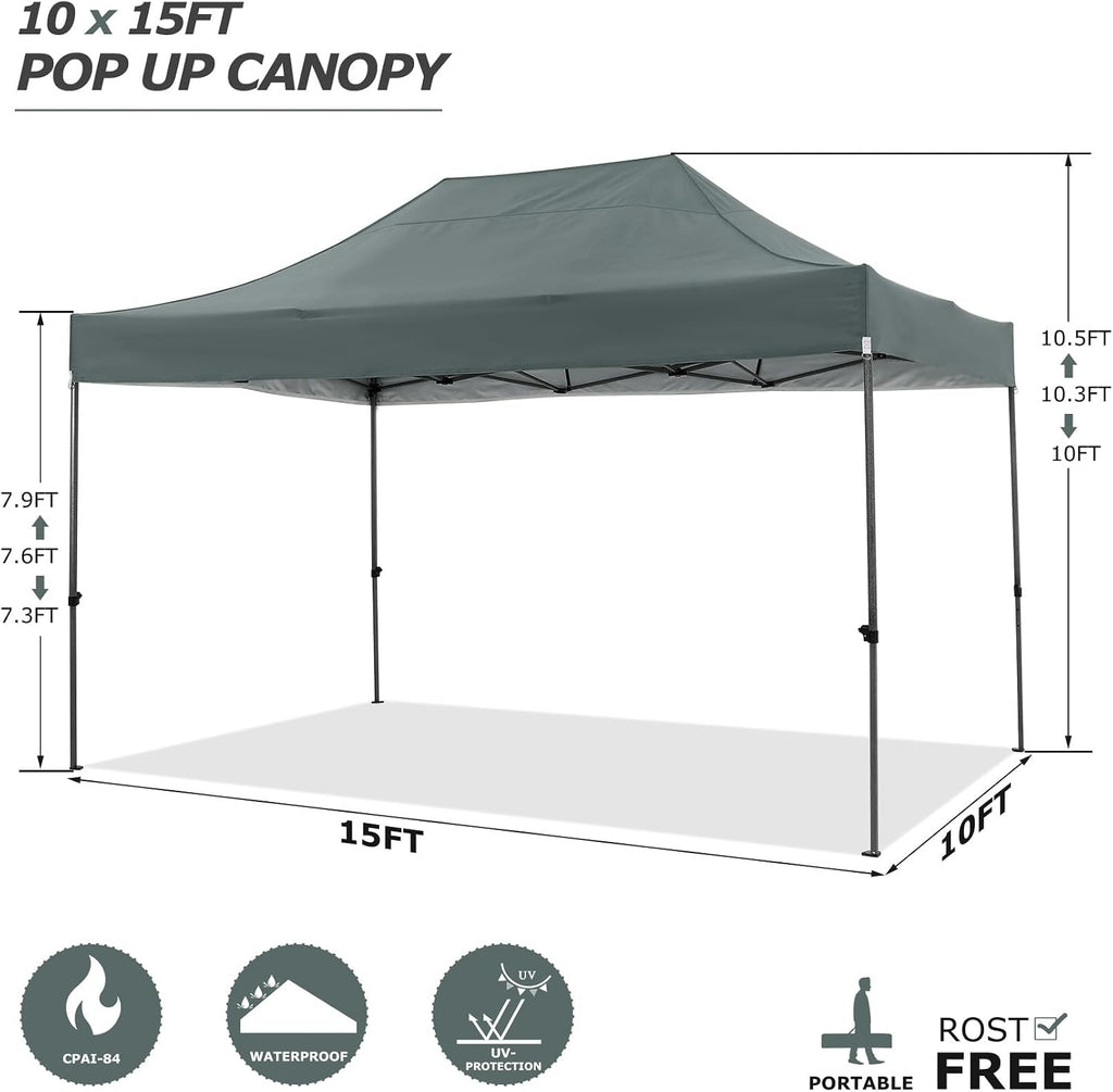 COBIZI 10x15 Pop Up Canopy Without Sidewall,Heavy Duty Canopy UPF 50+ All Season Wind Waterproof Commercial Outdoor Wedding Party Tents for Parties Gazebo with Carry Bag(10 x 15 ft Gray)
