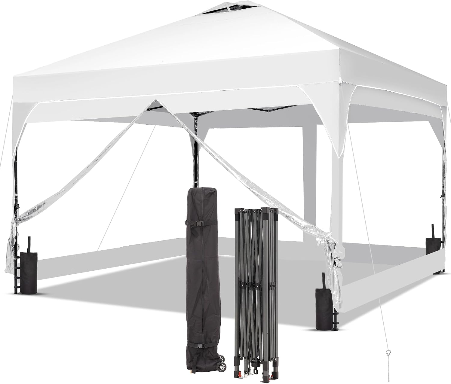 10x10 Pop Up Canopy Tent with One Push Setup, Outdoor Sun Shade Canopy for Backyard Party, Easy Up Instant Shelter with 4 PVC Transparent Sidewalls, 4-Sandbags & Hand Bag, White.