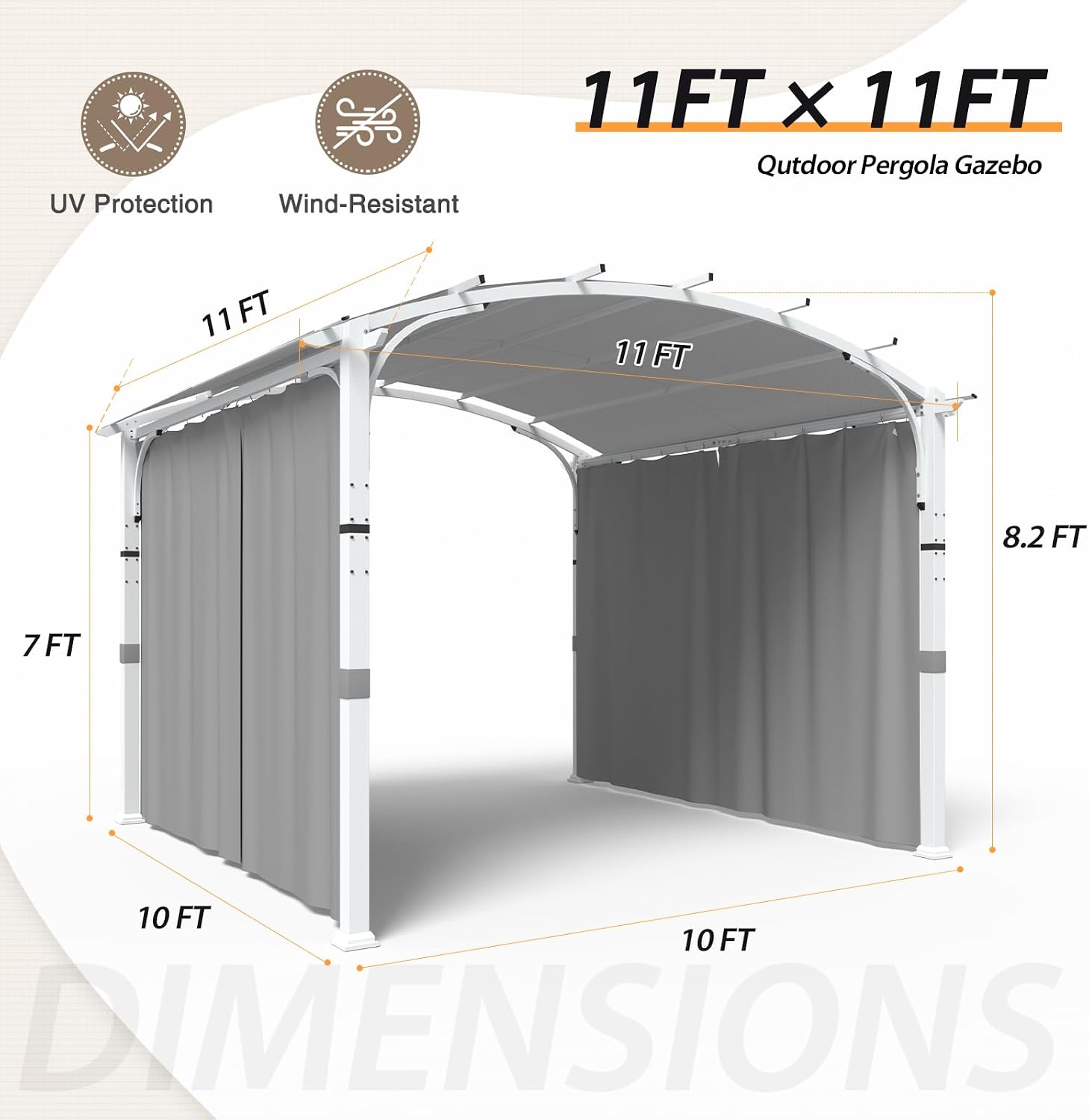 EAGLE PEAK 11x11 Outdoor Arched Top Pergola with Sidewalls, Steel Patio Gazebo with Textilene Top Canopy for Deck, Backyard, Porch and Garden, Gray