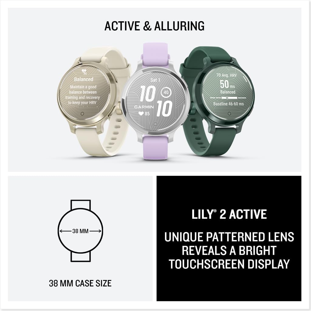 Garmin Lily 2 Small and Stylish Smartwatch Up to 5 Days Battery Life Hidden Display Patterned Lens Cream Gold with Coconut (010-02839-00) Fitness Smart Watch Bundle for Women