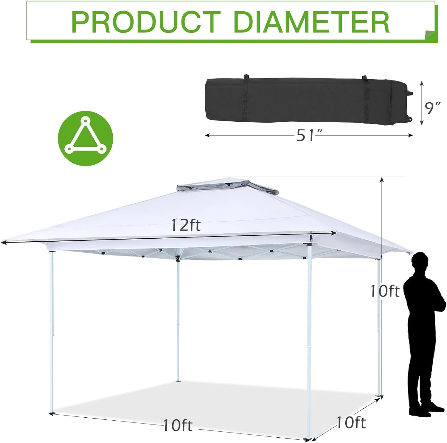 ECOTOUGE 12x12 Pop Up Gazebo, Instant Shelter Canopy Tent with Carrying Roller Bag, Gazebos on Clearance, Pop Up Tent with Waterproof and UV Resistant for Garden, Grill and Backyard (White)