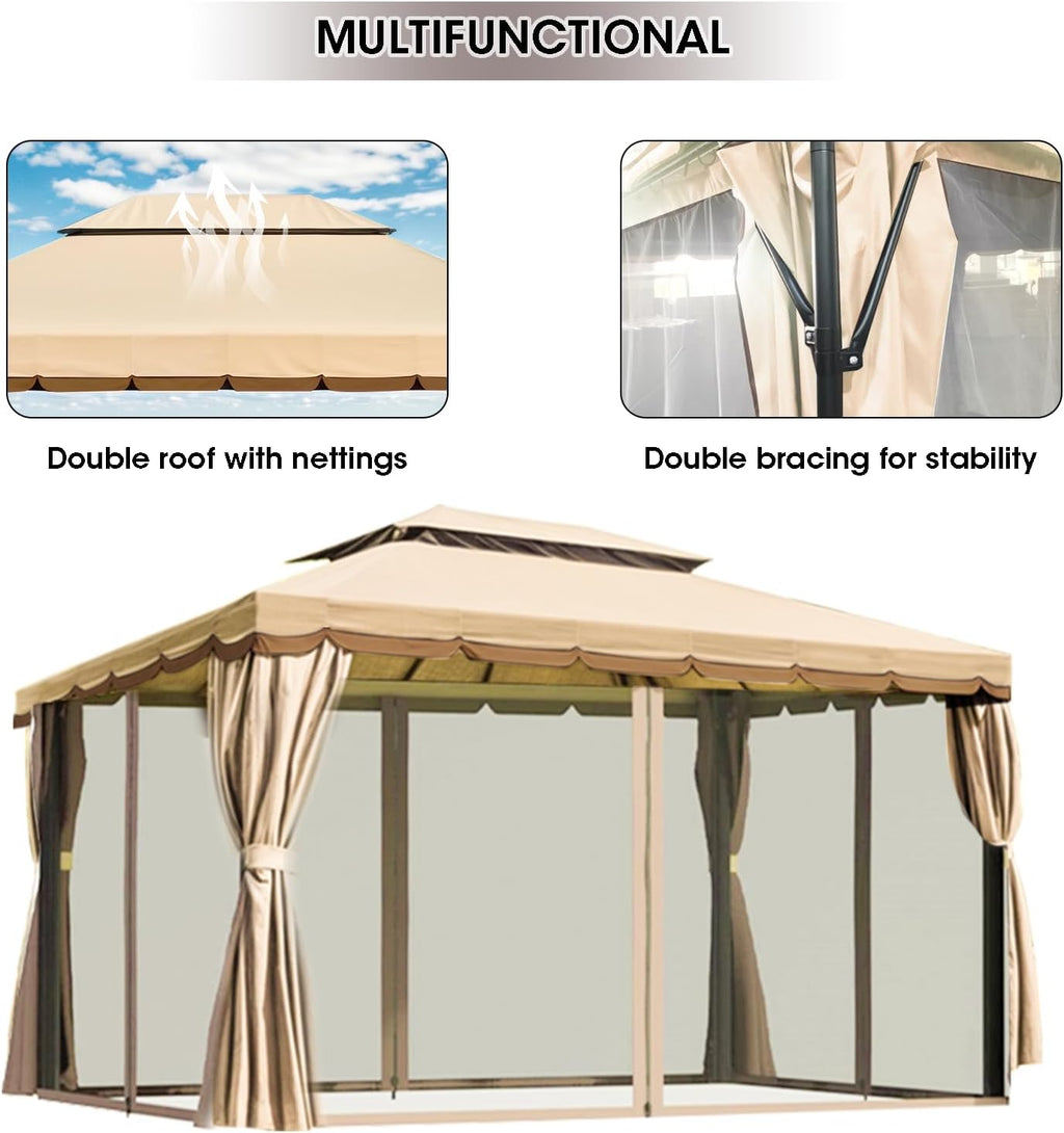 Generic 10'x13' Outdoor Patio Gazebo,Heavy Duty Party Tent & Shelter with Double Roofs, Mosquito Nettings and Curtains for Backyard, Patio, Deck, Parties, Garden, Lawn Beige