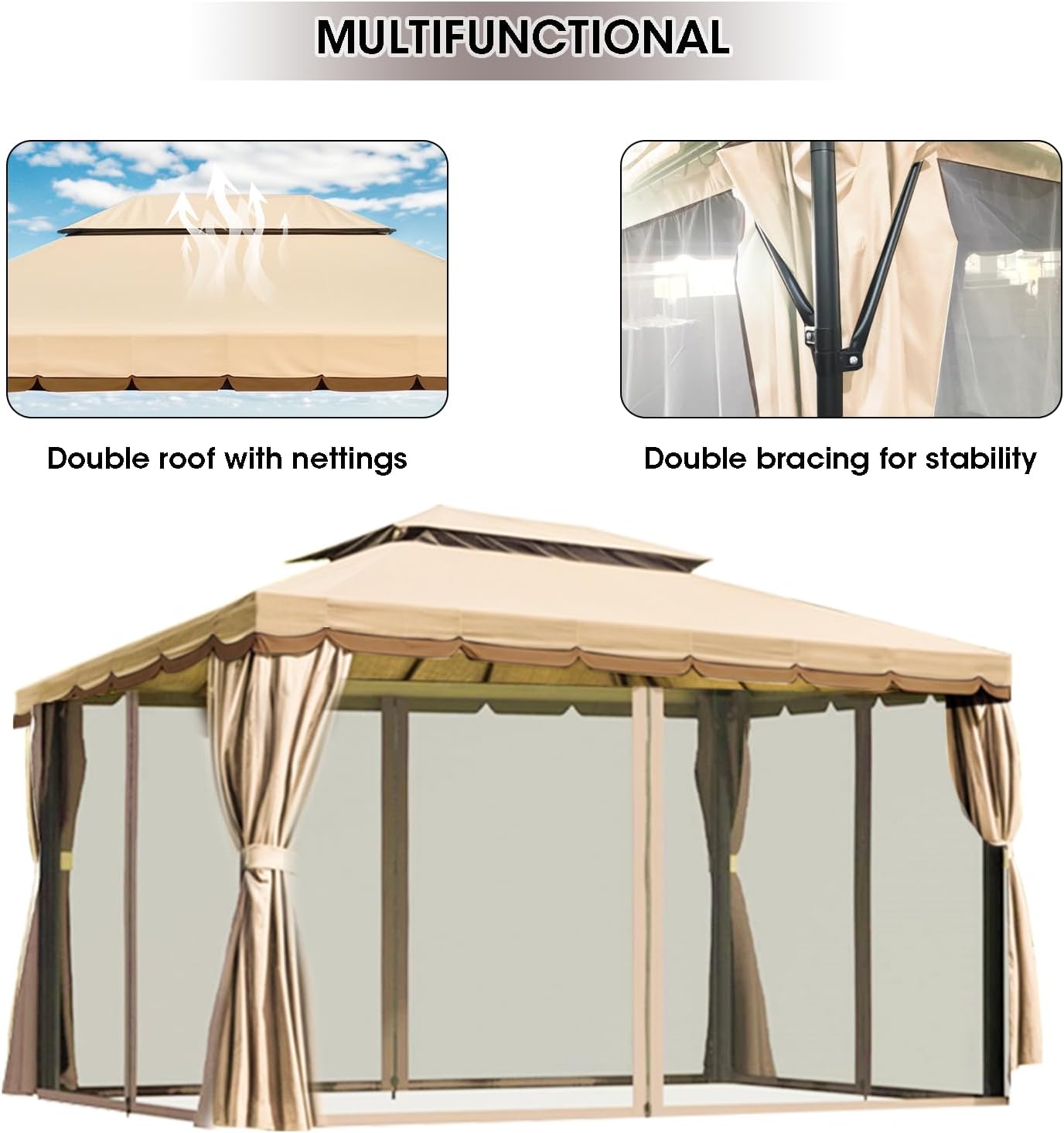 Generic 10'x13' Outdoor Patio Gazebo,Heavy Duty Party Tent & Shelter with Double Roofs, Mosquito Nettings and Curtains for Backyard, Patio, Deck, Parties, Garden, Lawn Beige