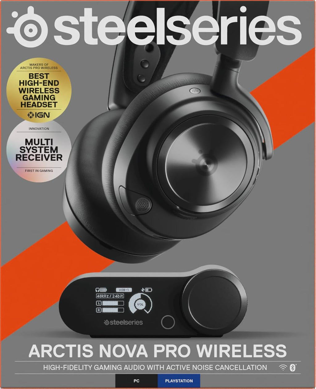 SteelSeries Arctis Nova Pro Wireless 61520 Gaming Headphones, Wireless, Sealed, High Resolution Active Noise Canceling, Compatible with PC, PS5, PS4, Switch, Hi-Fi Sound, Black, Adjustable