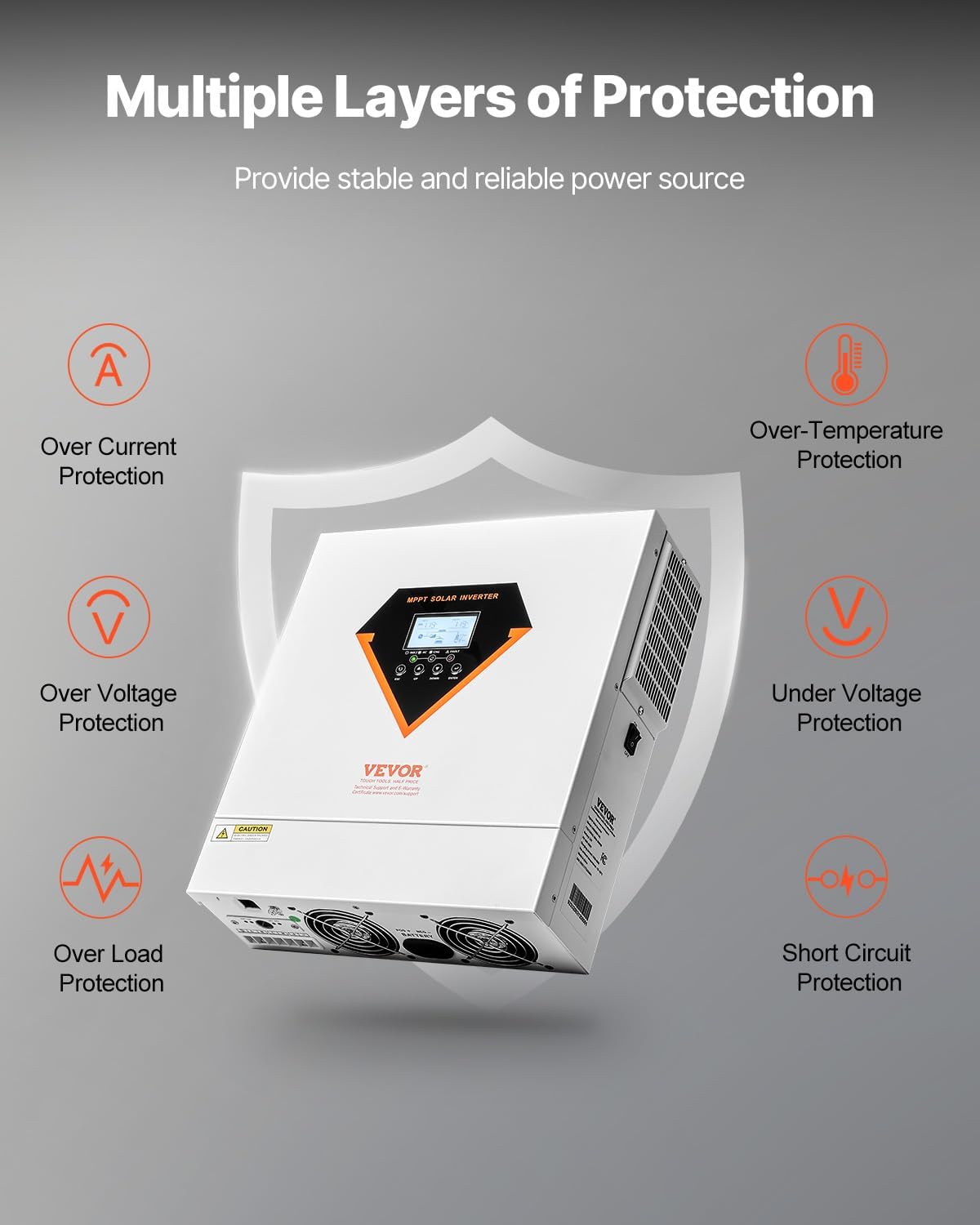 VEVOR Hybrid Solar Inverter, 3000W, Single Phase Pure Sine Wave Power Inverter, 24V DC to 110/120V AC, with Built-in 100A MPPT Solar Charge Controller, for Off-Grid System Lead Acid Lithium Battery