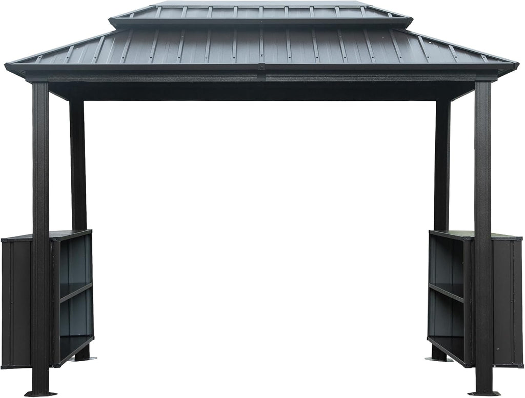 6x10 FT Hardtop Grill Gazebo with 2 Storage Cabinets, Double Galvanized Steel Roof BBQ Canopy with Ceiling Hooks for Backyard (Grey, 6'x10')