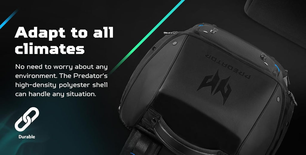 Acer PBG591 Predator Utility Gaming Backpack, Water Resistant and Tear Proof Travel Backpack Fits and Protects Up to 17.3' Predator Gaming Laptop, Black with Teal Accents