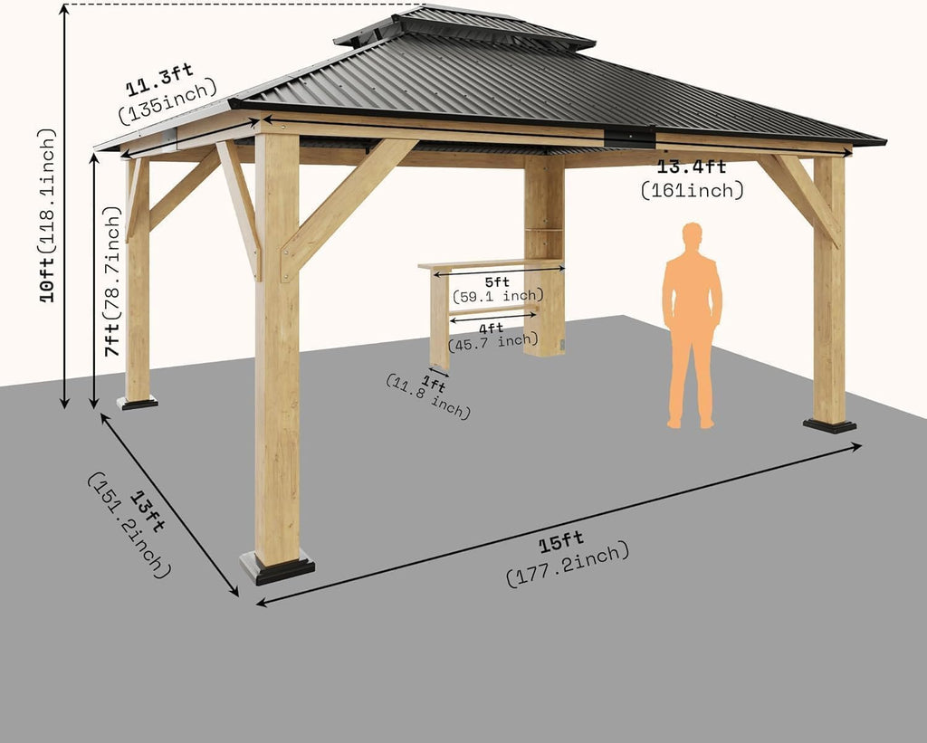 LUXOAK 13x15 Wood Gazebo, Hardtop Outdoor Gazebo with Aluminum Double Roof, Outdoor Wooden Pavilion for Parties, Backyard, Patio, Lawns, Black + Natural Wood