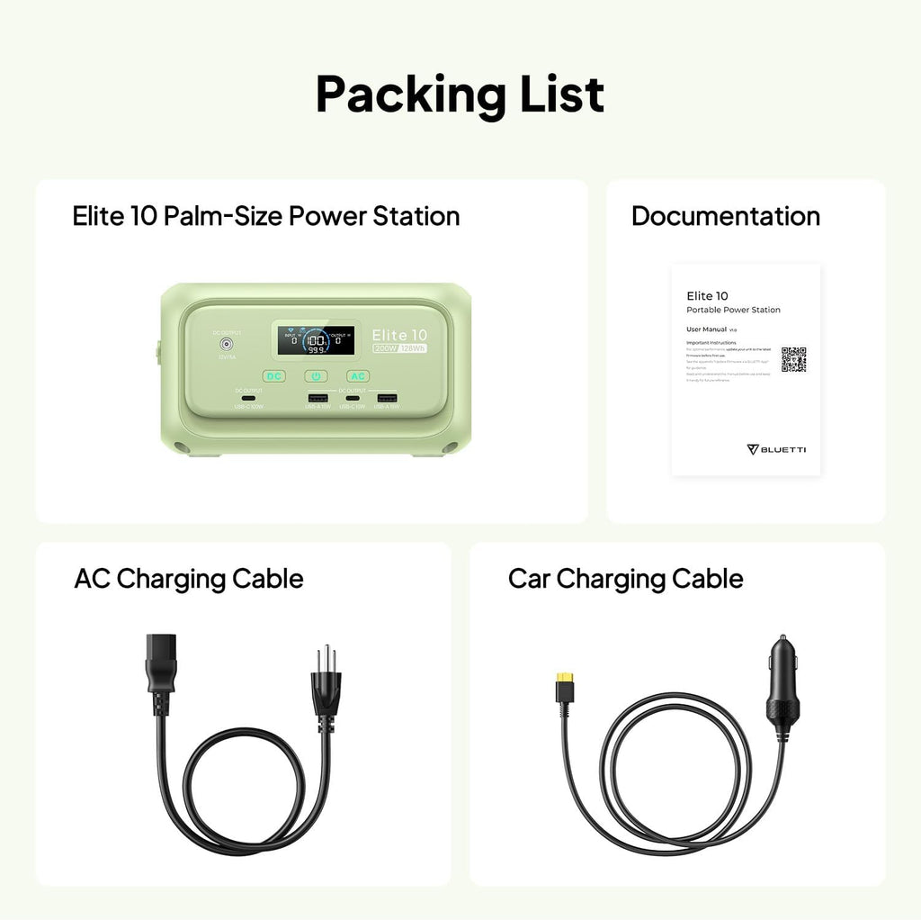 BLUETTI Elite 10 Mini Portable Power Station, 128Wh LiFePO4 Battery with 200W AC Outlet, 10ms UPS Backup, Fast Recharge Solar Generator for Camping, Travel & Outage Emergency Backup (Meadow Green)
