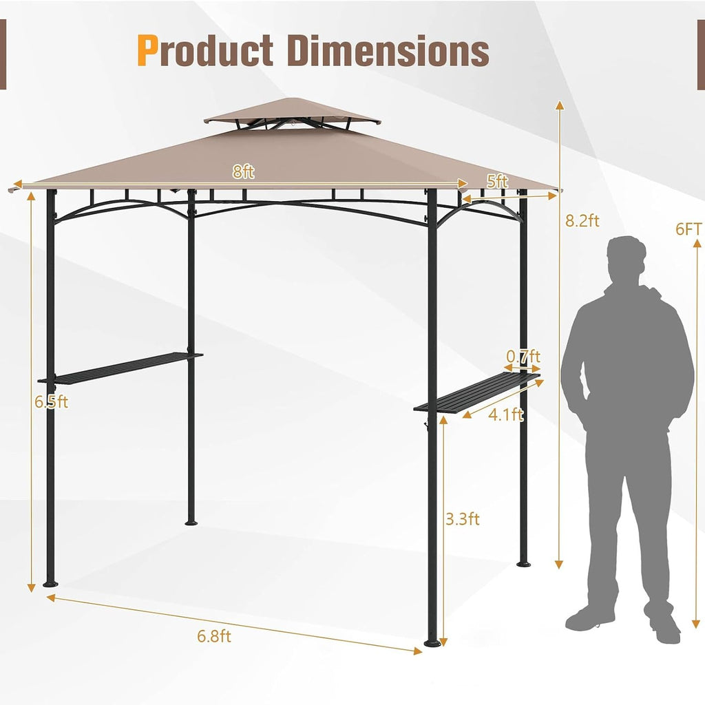 Tangkula 8x5 Ft Grill Gazebo, 2-Tier Barbecue Gazebo with 2 Shelves, 6 Hooks, Metal Frame, Outdoor Grill Canopy for Backyard Garden Poolside (Brown)