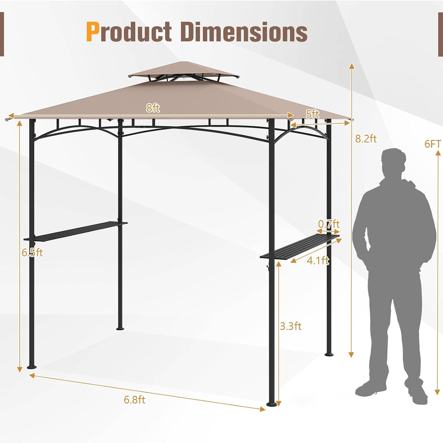 Tangkula 8x5 Ft Grill Gazebo, 2-Tier Barbecue Gazebo with 2 Shelves, 6 Hooks, Metal Frame, Outdoor Grill Canopy for Backyard Garden Poolside (Brown)