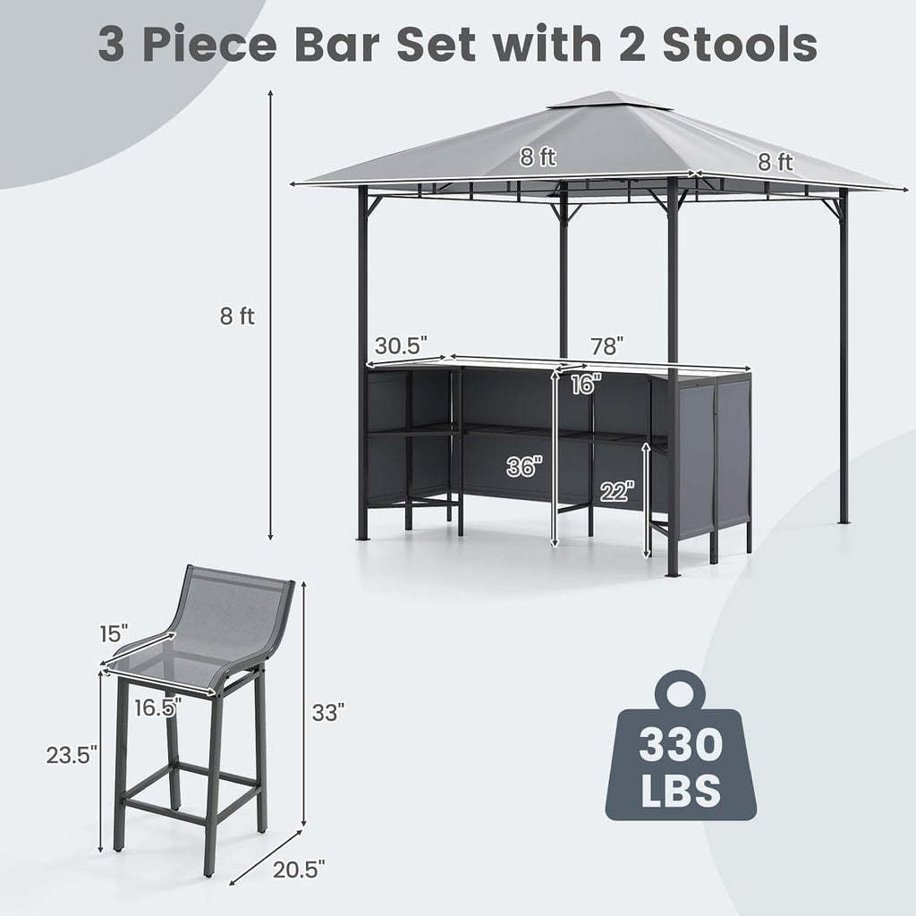 Tangkula 3 Piece Patio Bar Set, 8x8 FT Double-Tier Grill Gazebo with 2 Bar Stools, Tempered Glass Top, Metal Storage Shelf, Glass Holders, Outdoor Shelter for BBQ Party Poolside Garden (Grey)