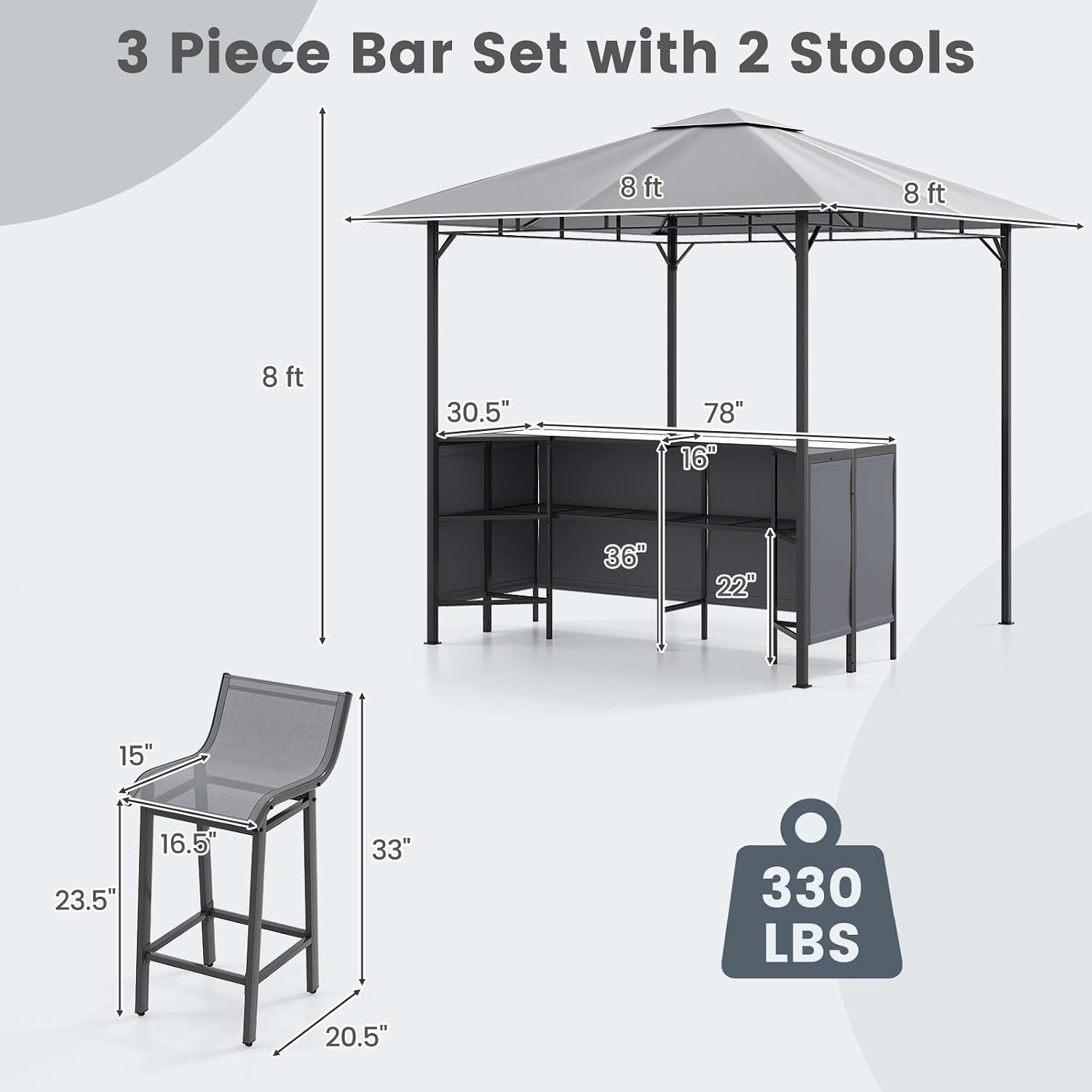 Tangkula 3 Piece Patio Bar Set, 8x8 FT Double-Tier Grill Gazebo with 2 Bar Stools, Tempered Glass Top, Metal Storage Shelf, Glass Holders, Outdoor Shelter for BBQ Party Poolside Garden (Grey)