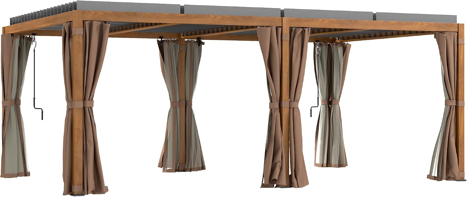 Outsunny 12' x 19' Louvered Pergola Hardtop Gazebo with Adjustable Aluminum Roof and Frame, Outdoor Pergola with Curtains and Netting, for Garden, Lawn, Backyard, and Deck, Wood-Like