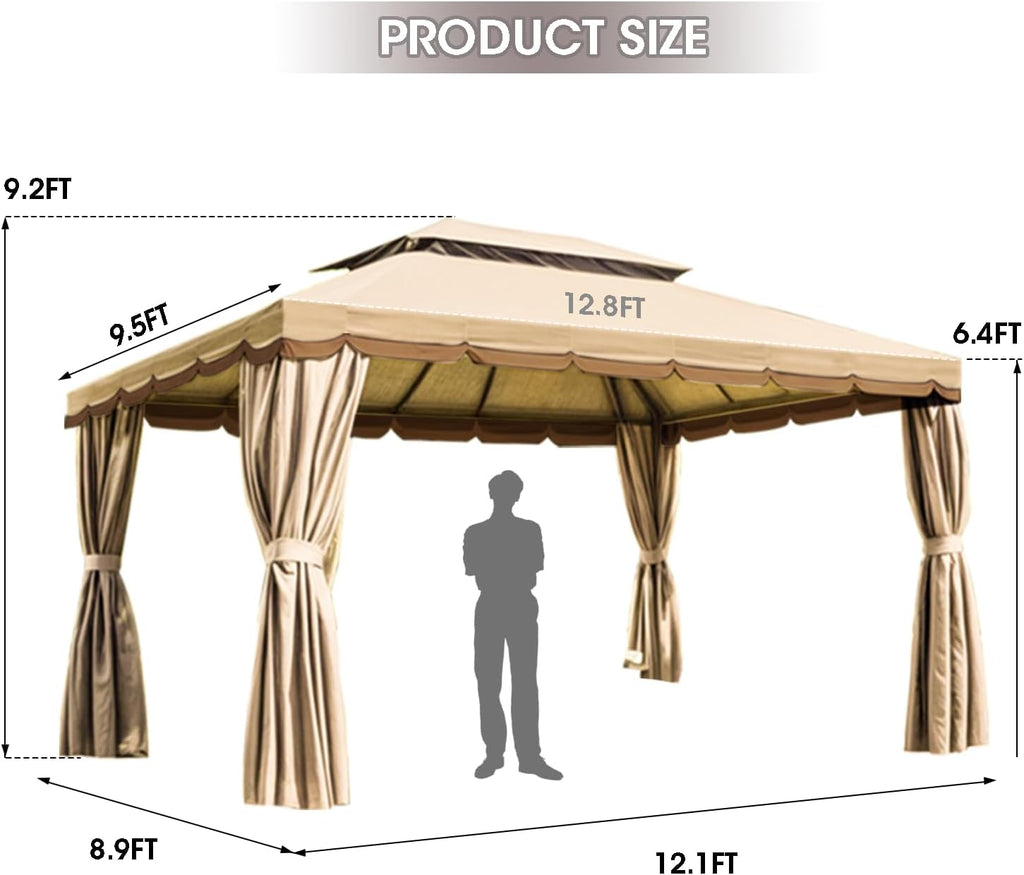 Generic 10'x13' Outdoor Patio Gazebo,Heavy Duty Party Tent & Shelter with Double Roofs, Mosquito Nettings and Curtains for Backyard, Patio, Deck, Parties, Garden, Lawn Beige