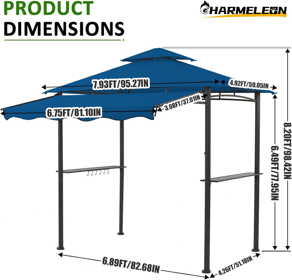 CHARMELEON 8x8 FT Grill Gazebo, Grill Canopy with Big Awning&2 Side Shelves&6 Hooks&Bottle Opener, Powder-Coated Steel BBQ Shelter for Patio Backyard Outdoor Grilling-Blue