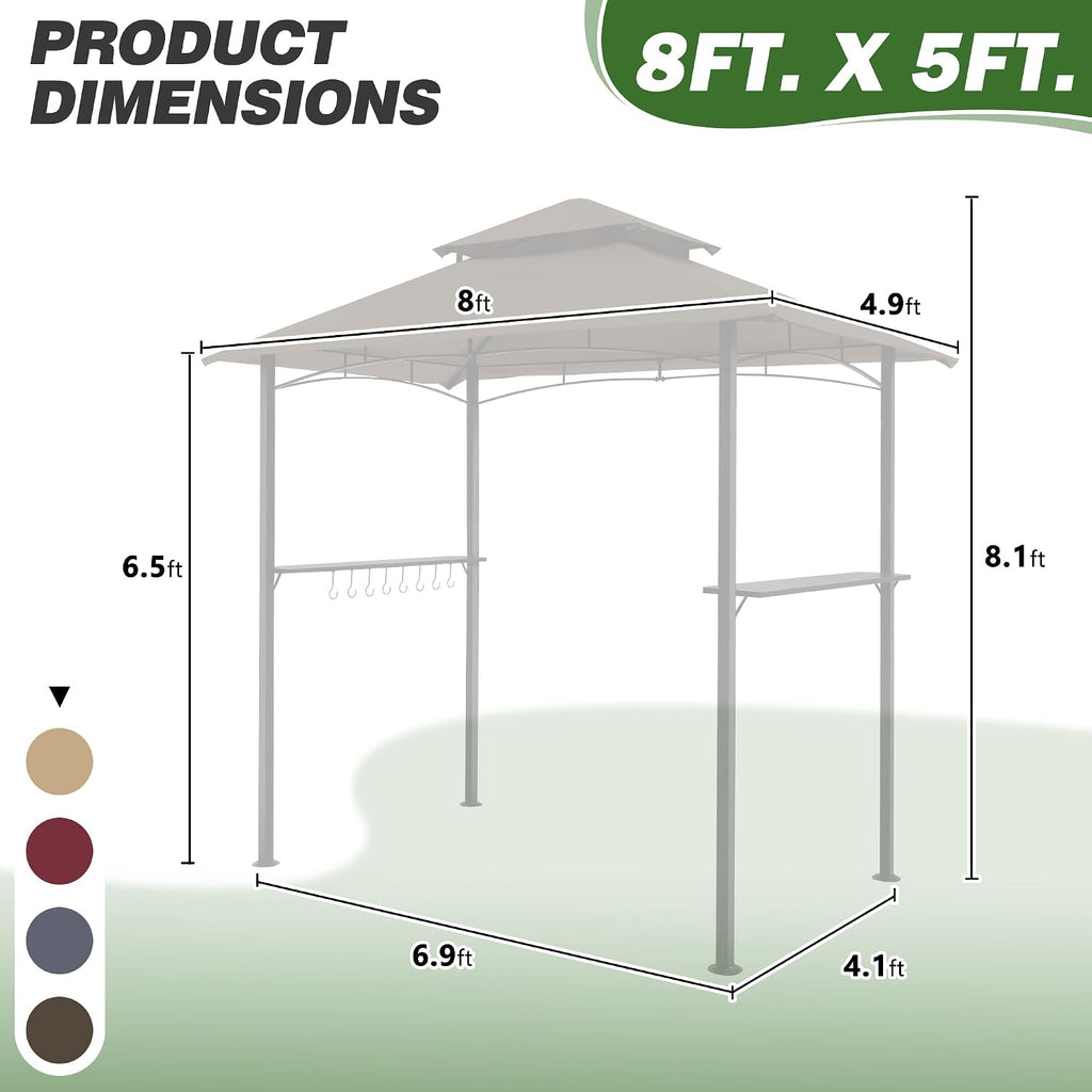 GARTOO 8'x5' Outdoor Grill Gazebo - Double Roof BBQ Gazebo Canopy with 2 Side Shelves and LED Lights, Patio BBQ Pergola Shelter for Garden, Porch and Backyard (Brown)