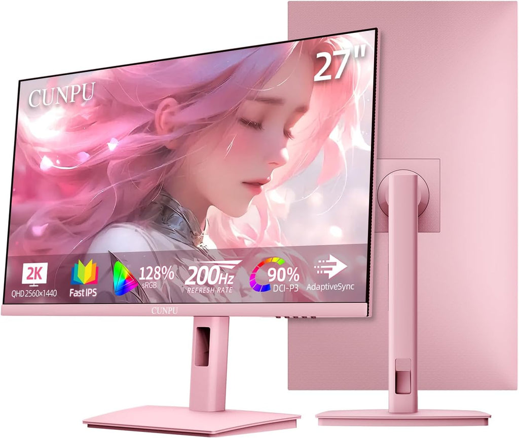 CUNPU 27 Inch Pastel Pink Gaming Monitor QHD 2560x1440 180/200Hz 1ms GTG Fast IPS Computer Monitor, 90% DCI-P3, Adaptive Sync, Built in Speaker, Height/Swivel/Tilt/Pivot Adjustable Stand, HDMI,DP